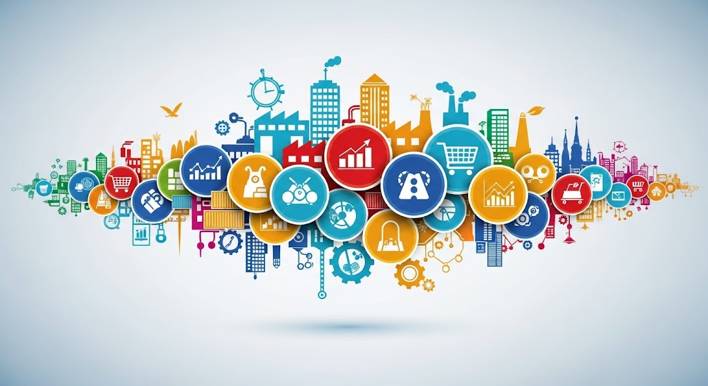A series of interconnected, stylized icons representing different market sectors, including buildings, factories, shopping carts, and graphs.