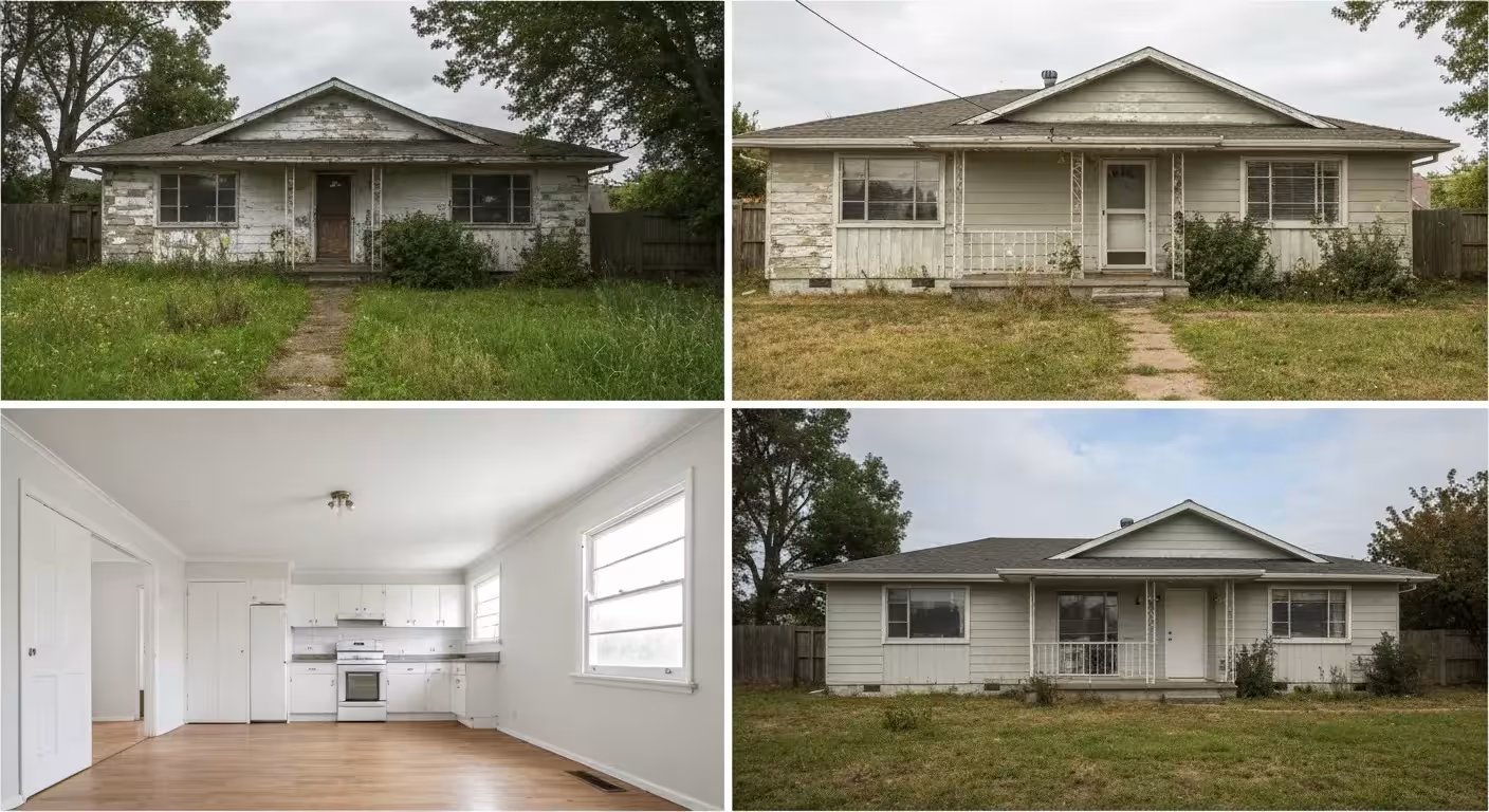 A renovated 1960s ranch-style house with a fresh coat of paint, updated landscaping, and modern kitchen and bathroom fixtures.