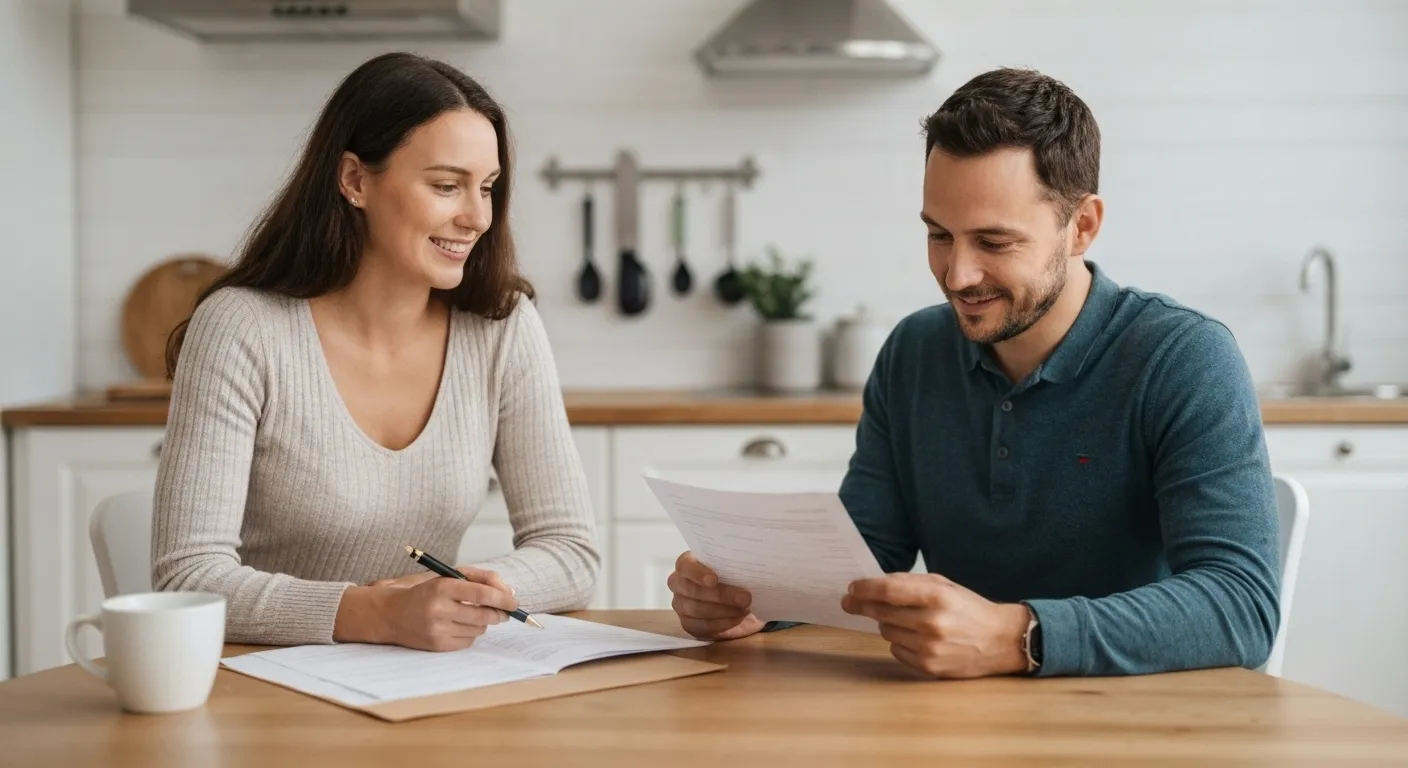 A couple sits at their kitchen table, surrounded by financial documents, looking thoughtfully at a computer screen showing a mortgage calculator.