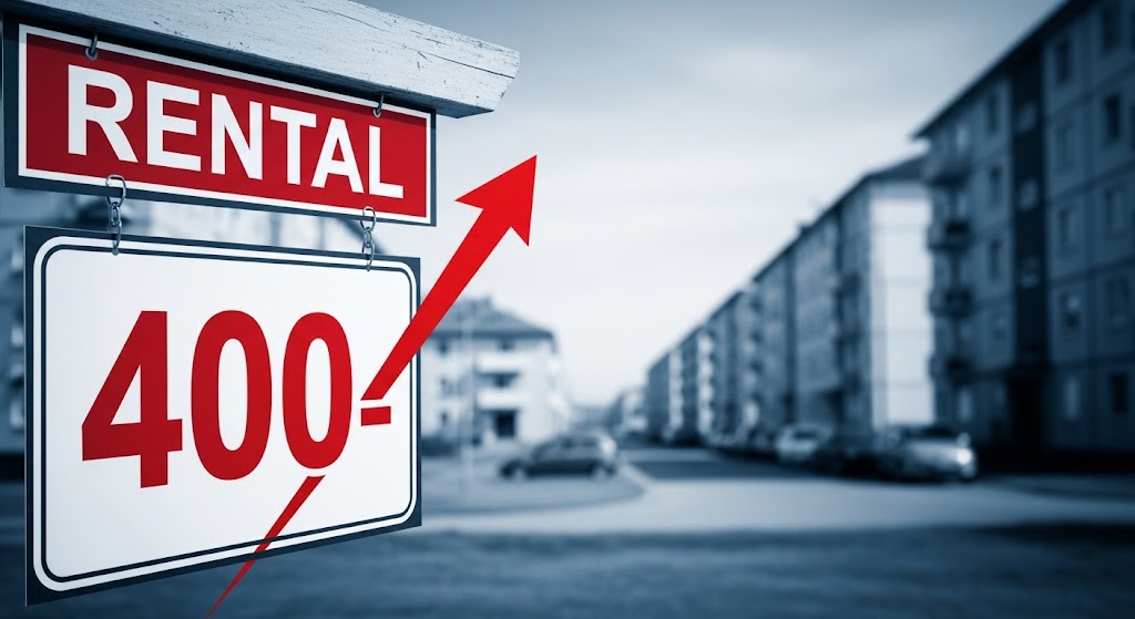A rental sign displaying the number 400 with a red arrow pointing upwards, symbolizing a sharp increase in rent. The background shows a blurred residential neighborhood, highlighting the widespread impact of rising housing costs.