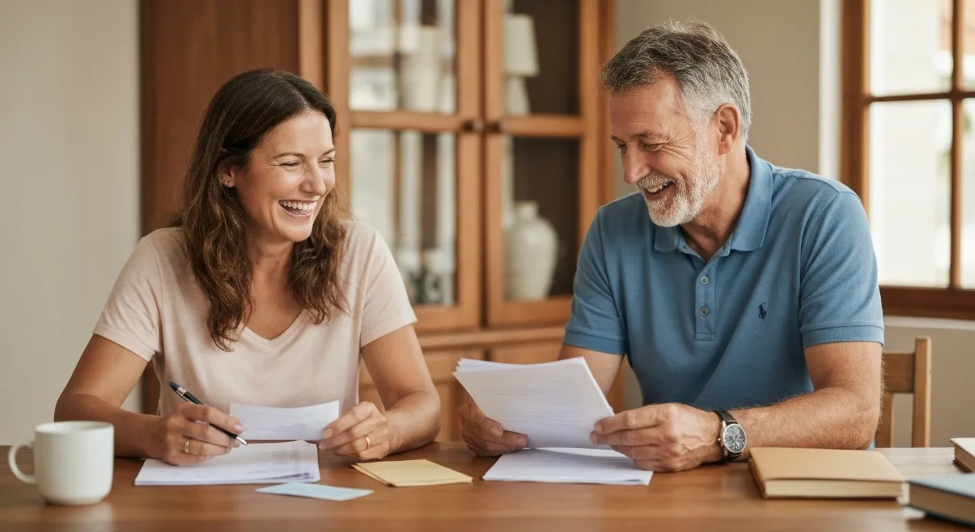A couple sits at a dining room table, reviewing financial documents, with a relaxed and happy expression.