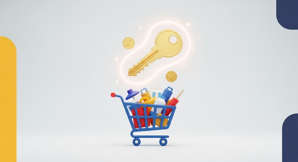 A golden key floating above a shopping cart filled with goods, symbolizing the exclusive rewards and benefits of store loyalty programs.