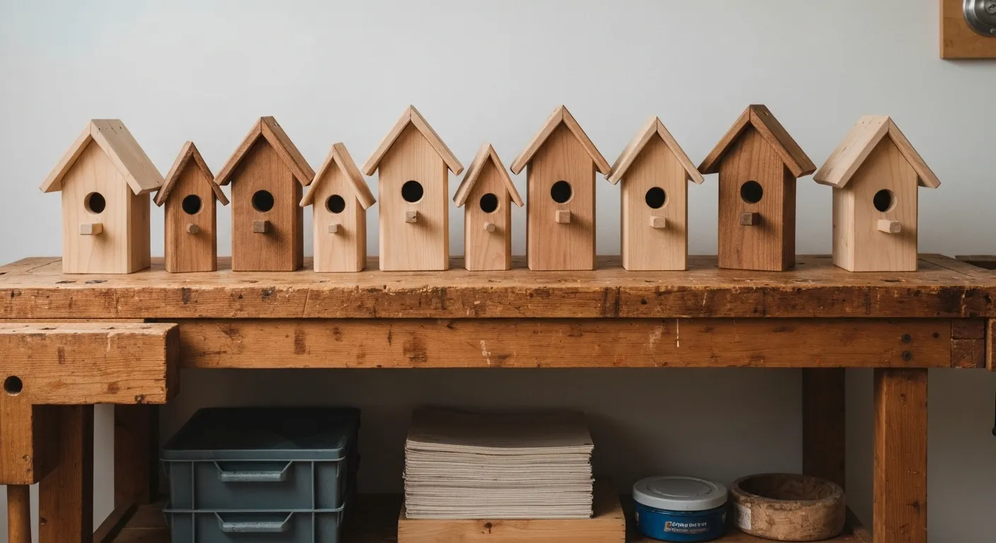 A close-up shot of several meticulously crafted wooden birdhouses, showcasing their detail and craftsmanship.