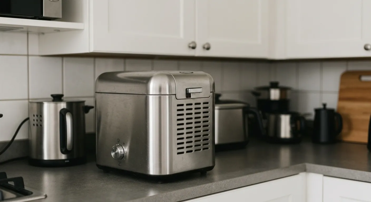 A collection of unused kitchen appliances, including a bread maker, pasta maker, and other gadgets, sits on a kitchen counter or in a cluttered pantry.