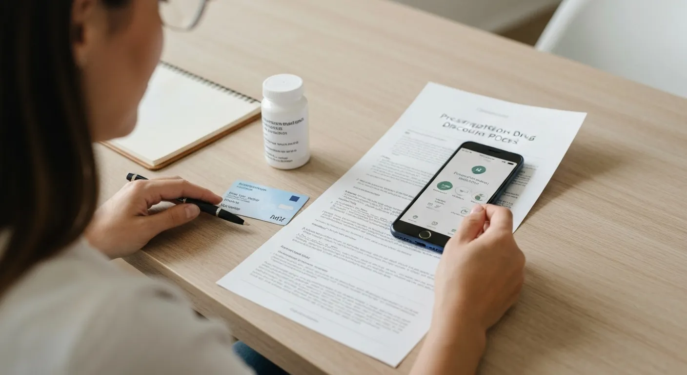 A person sits at a table with paperwork, a smartphone showing a prescription discount app, a prescription bottle, and an insurance card.
