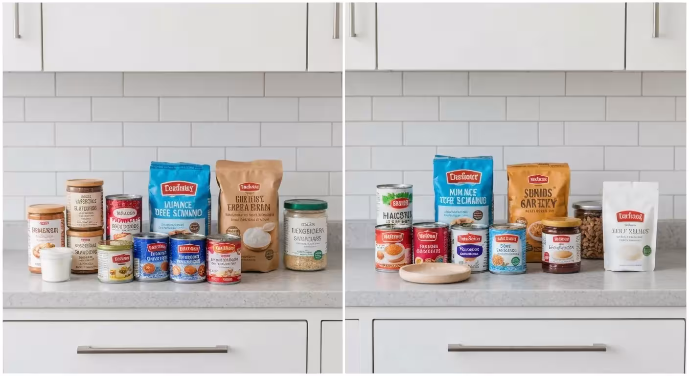 A split image showing a comparison of generic and name-brand grocery products side-by-side, including pantry staples, canned goods, and cleaning supplies.