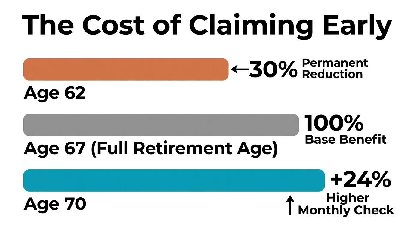 A bar chart comparing Social Security benefits at ages 62, 67, and 70, showing the 30 percent reduction versus 24 percent increase.