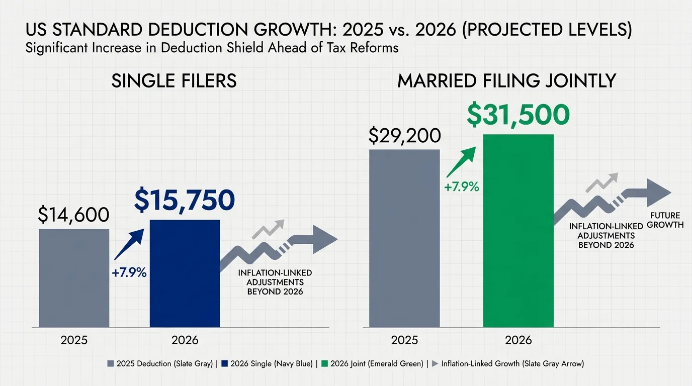 A bar chart showing the 2026 standard deduction rising to $15,750 for individuals and $31,500 for married couples filing jointly.