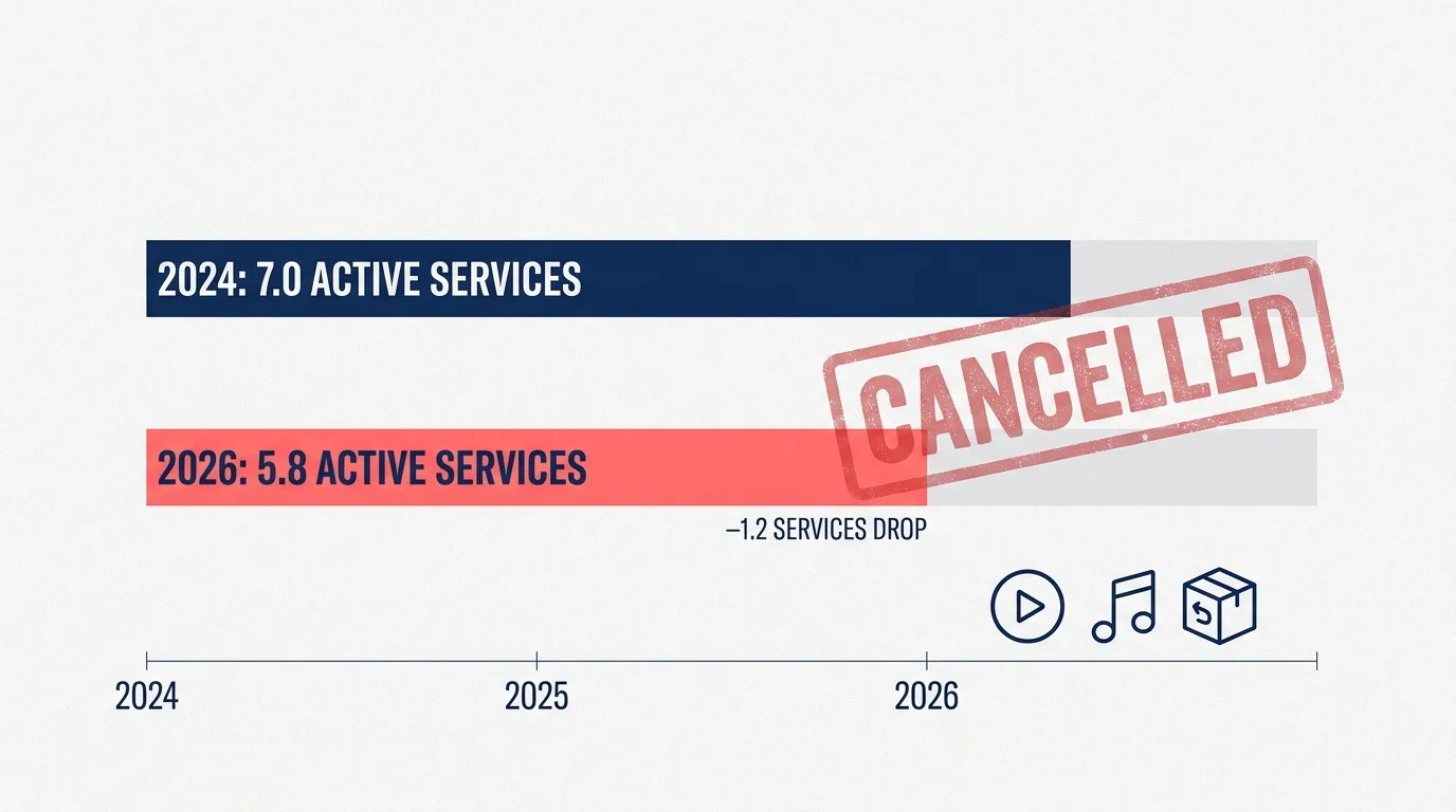 A bar chart showing the decline in average household digital subscriptions from 7.0 in 2024 to 5.8 in 2026.
