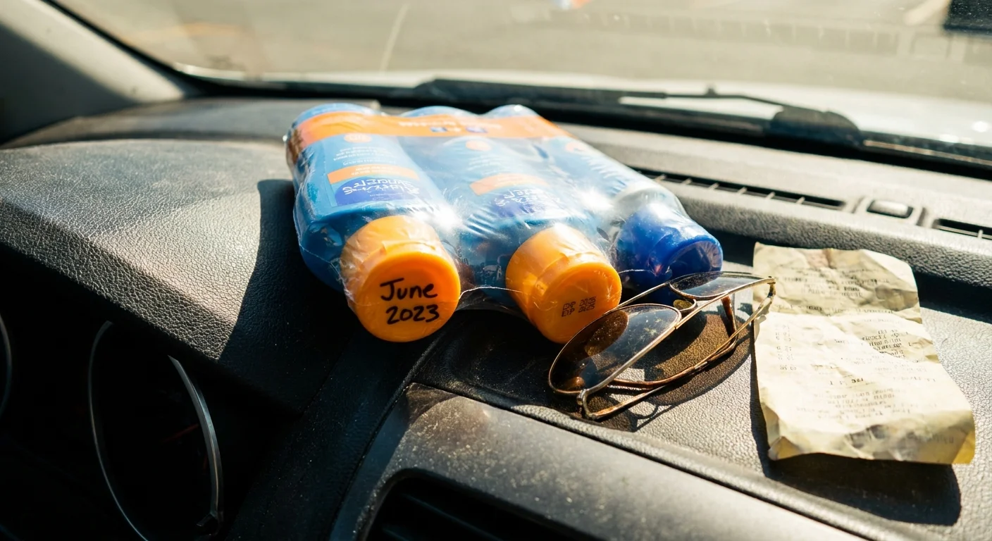 A bundle of sunscreen bottles sitting on a hot car dashboard, highlighting the risk of chemical degradation.