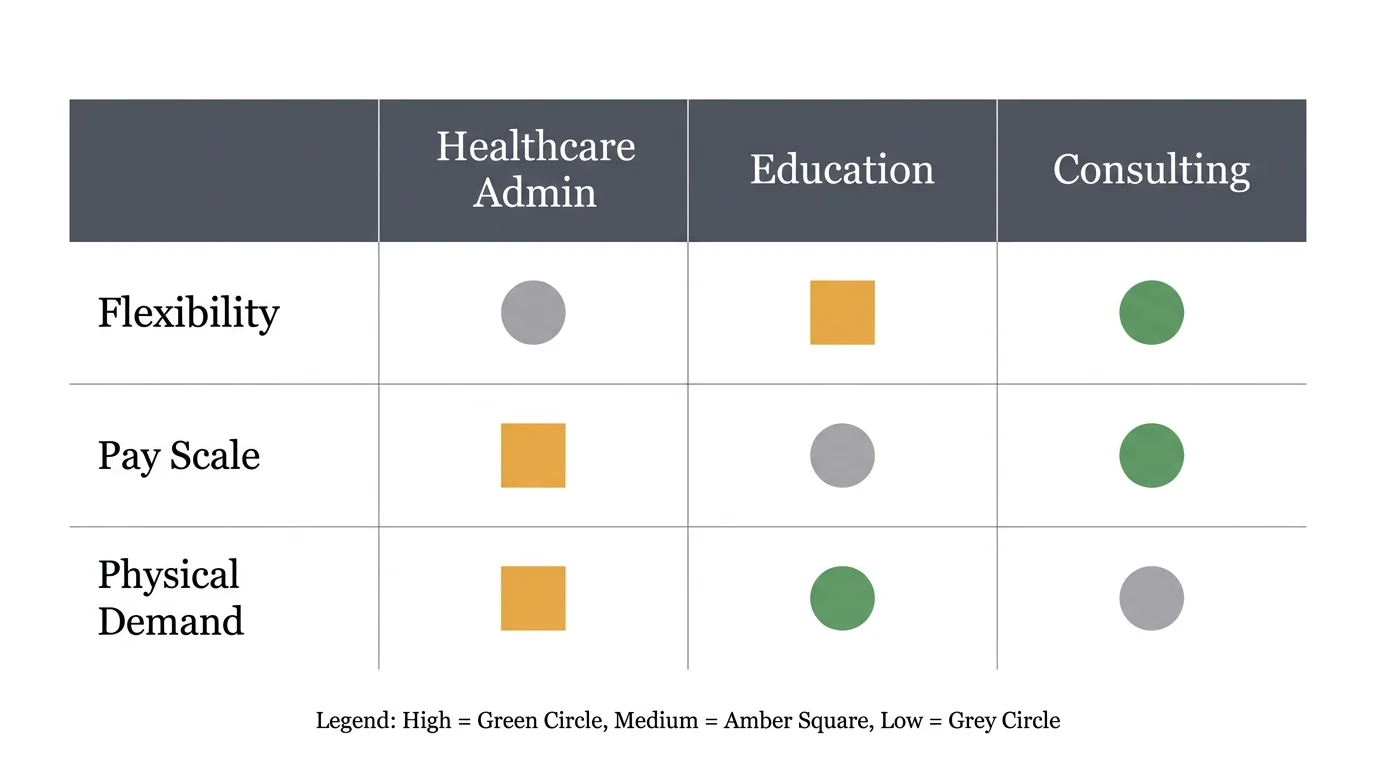 A clean comparison chart showing the flexibility, pay, and physical demands of different industries for older workers.