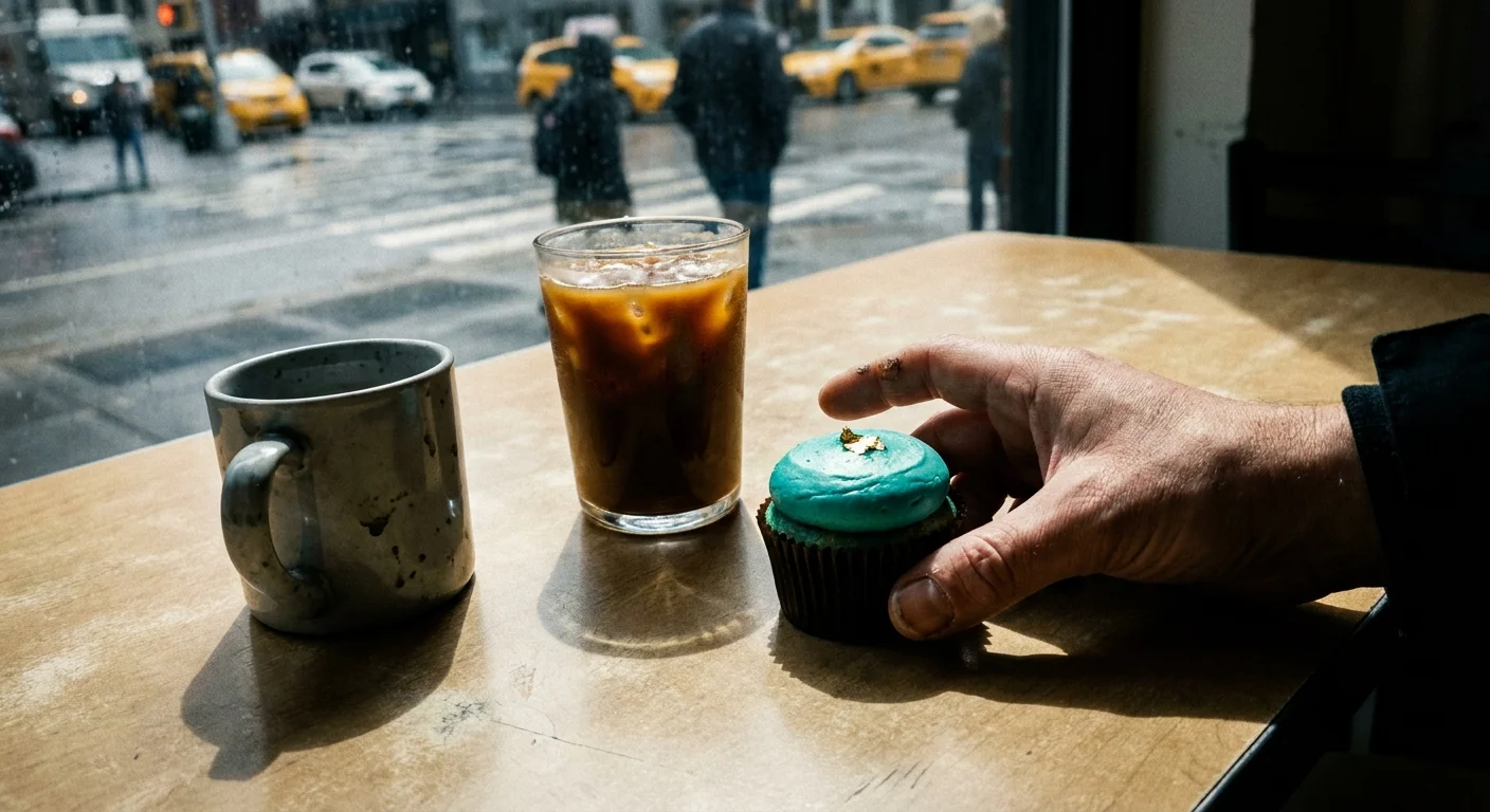 A close-up, candid photo of a hand reaching for a gourmet cupcake on a plain table, representing small discretionary splurges.