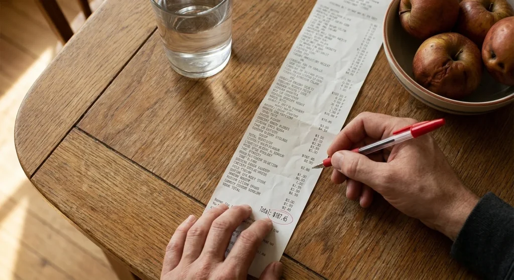 A close-up, high-angle photo of a grocery receipt on a wooden table, with a hand circling the total price in red pen.