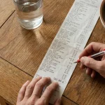 A close-up, high-angle photo of a grocery receipt on a wooden table, with a hand circling the total price in red pen.