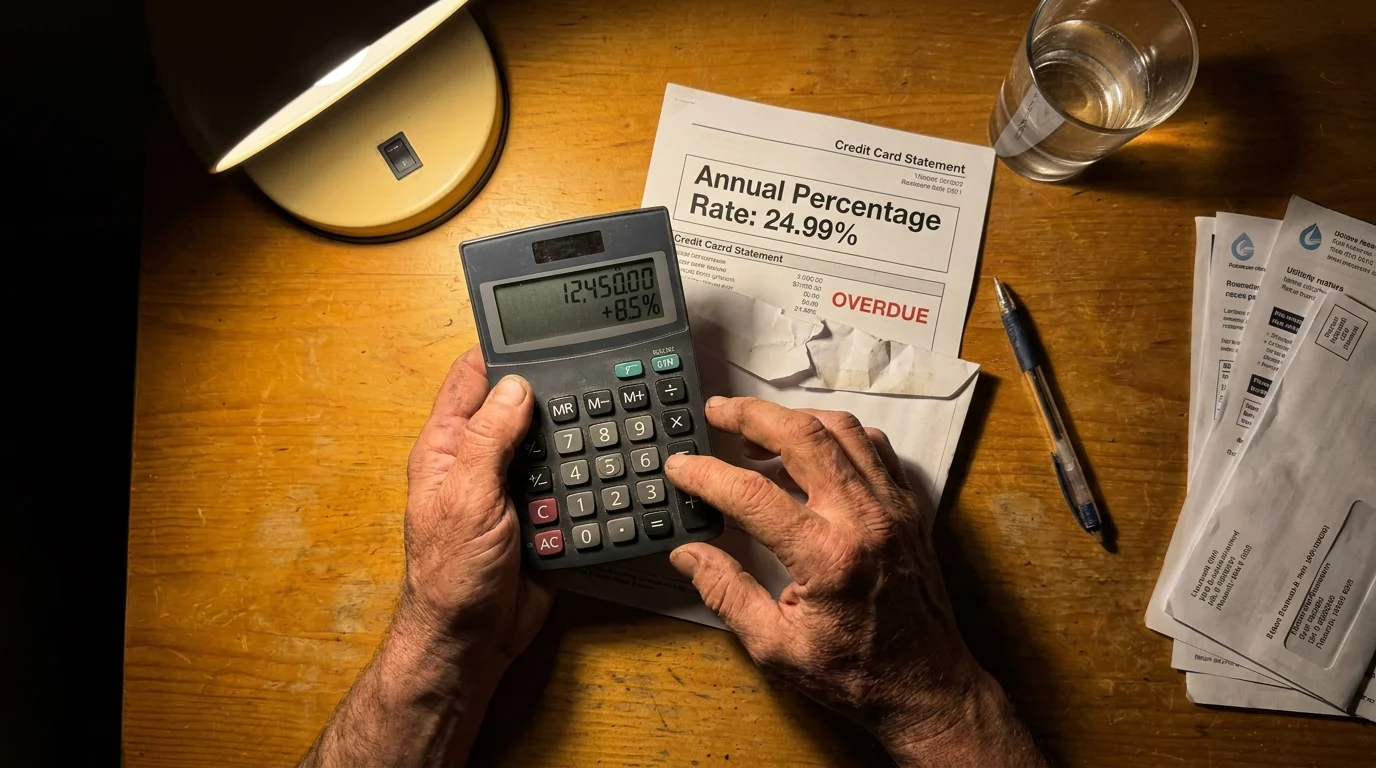 A close-up of a person using a calculator with a credit card statement nearby, illustrating the rising cost of debt.