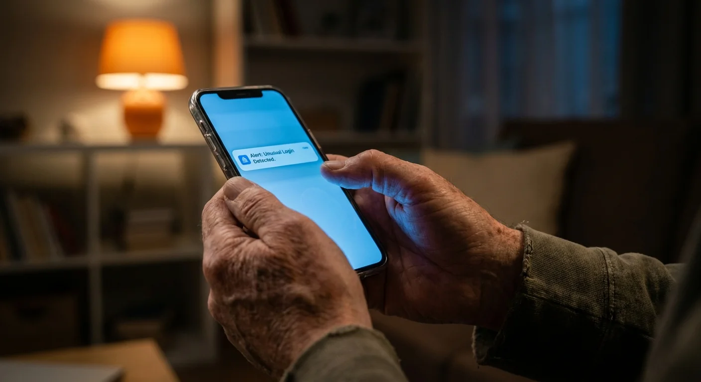 A close-up of a retiree's hands holding a smartphone displaying an 'Unusual Login Detected' alert.