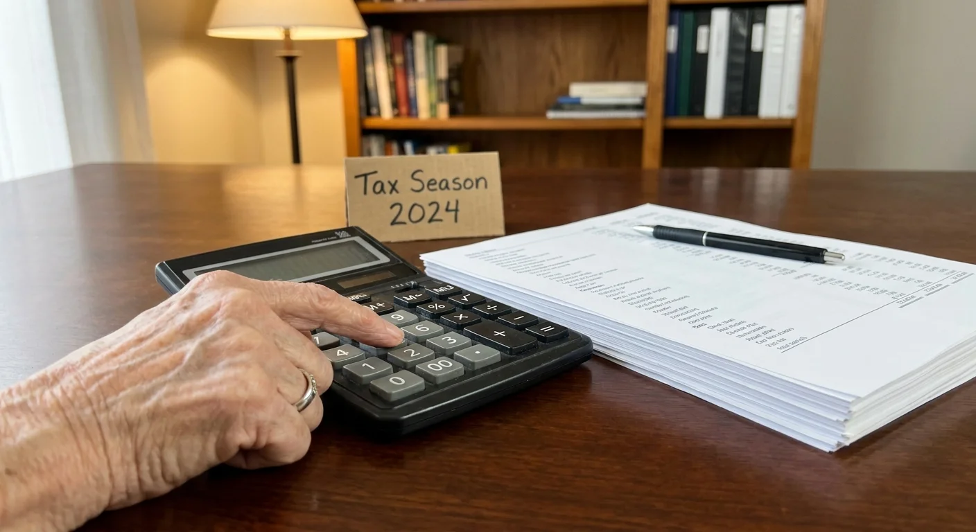 A close-up of a senior's hand using a calculator next to tax documents on a wooden desk.