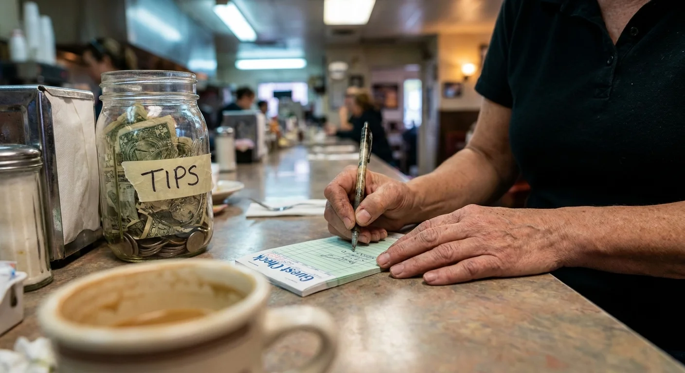 A close-up photograph of a server's hands and a tip jar in a diner, illustrating new tax benefits for tipped income.