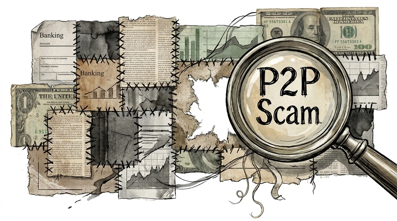 A collage illustration of a patchwork quilt made of bank documents, with gaps representing missing scam protections.