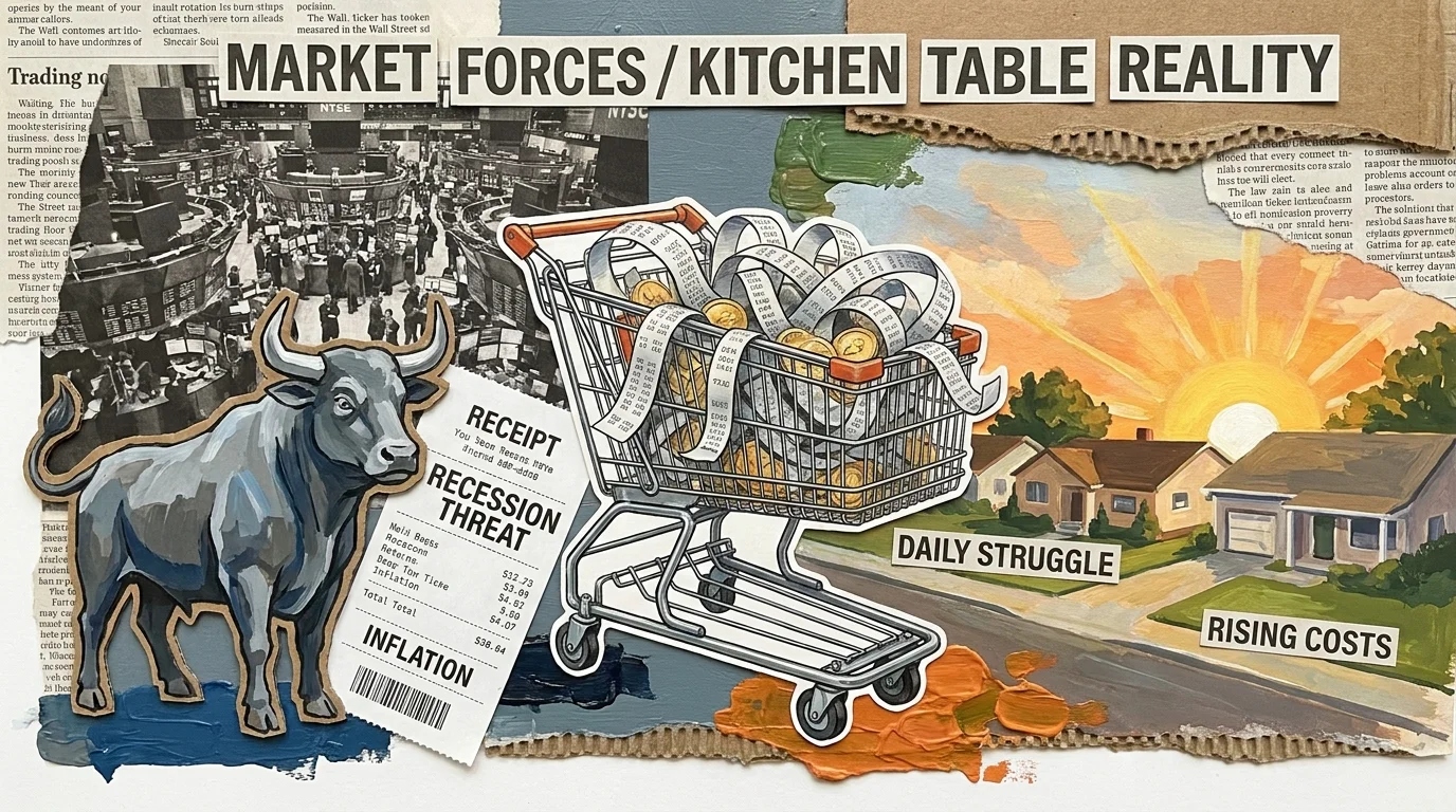 A collage showing a grocery cart filled with stock market symbols and receipts, set against a background of Wall Street and a suburban sun.