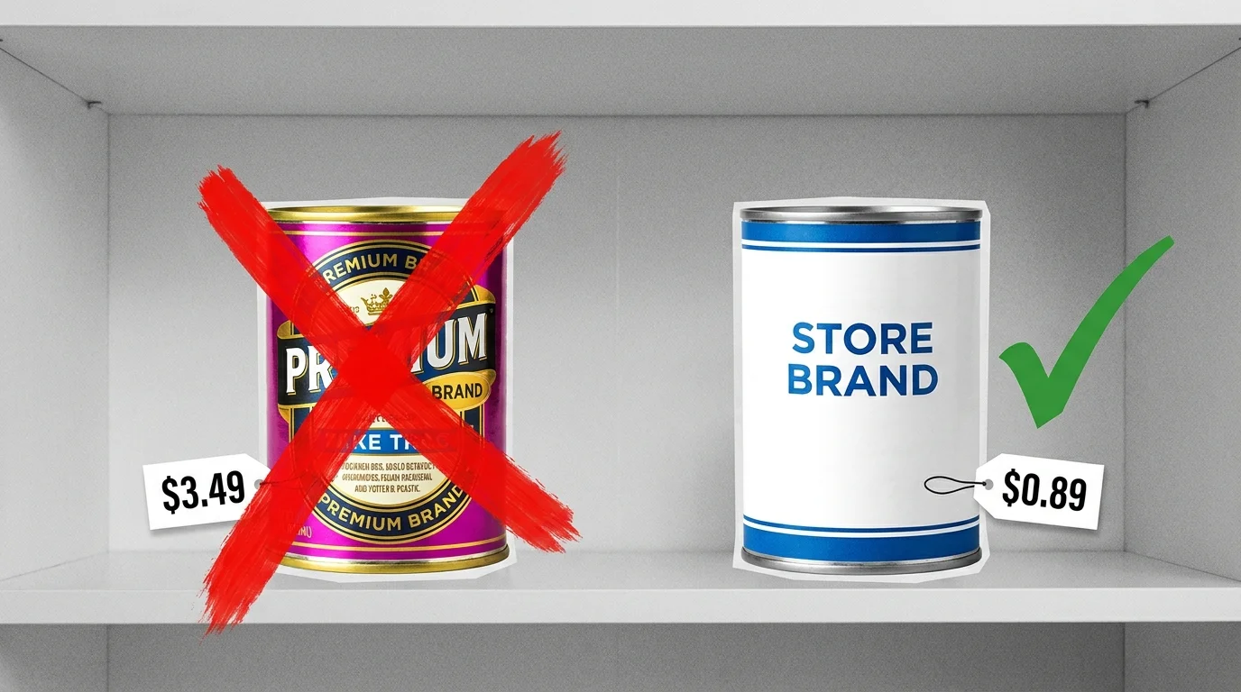A comparison between an expensive name-brand can and a cheaper store-brand can, with the store brand checked off.