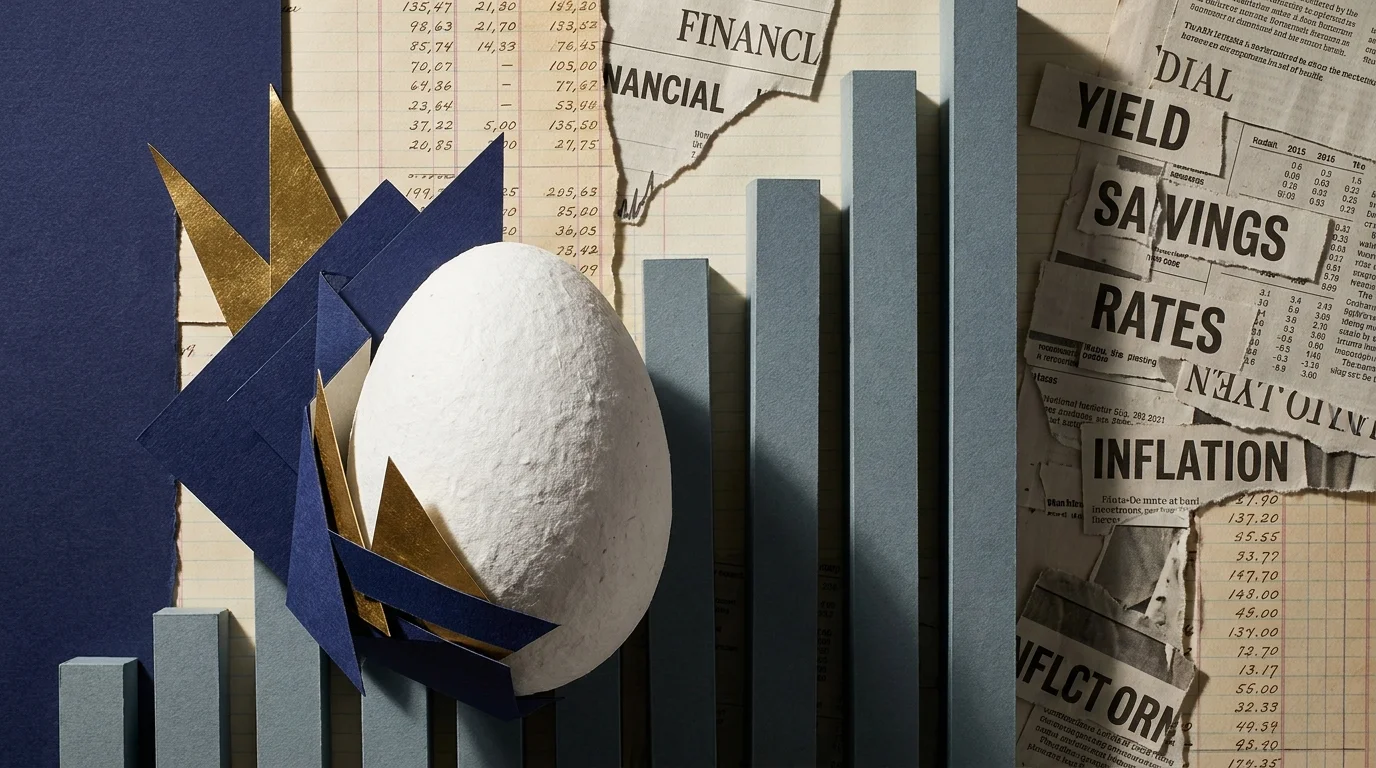 A conceptual collage of a nest egg protected by geometric layers and rising pillars, representing growing retirement savings.