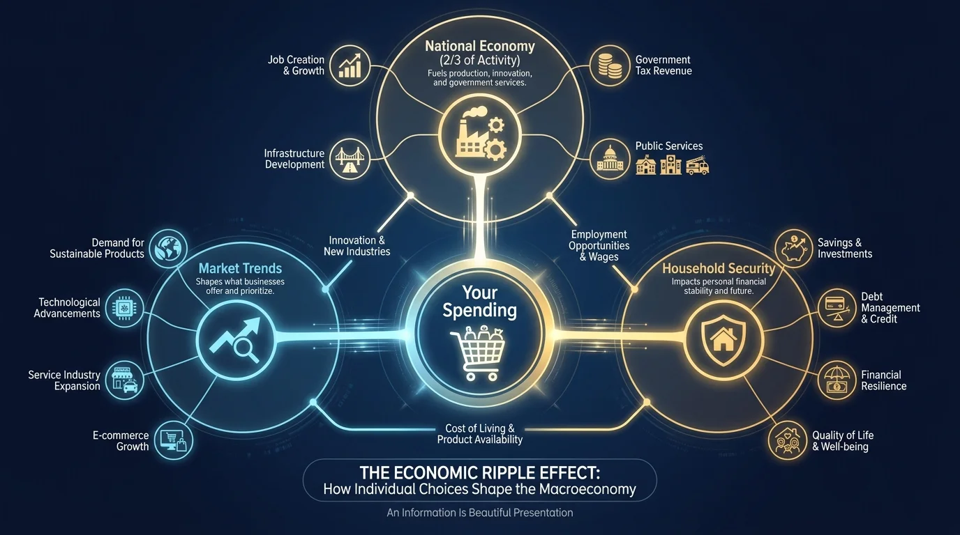 A conceptual flowchart showing how individual spending drives two-thirds of the national economy and market trends.