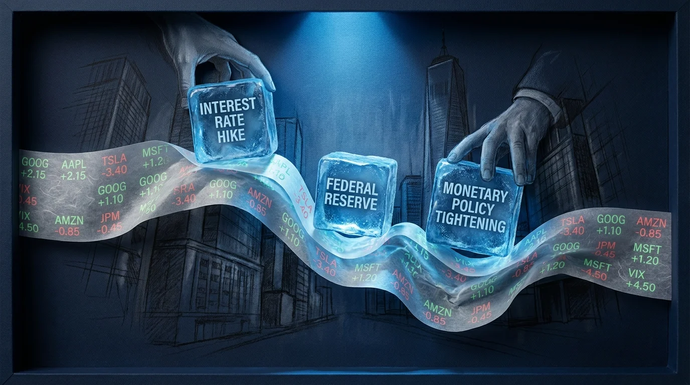 A conceptual image of heavy blue blocks slowing down a stock market ticker tape, representing the cooling effect of high rates.