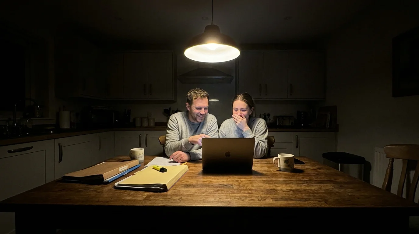 A couple looking at a laptop at their kitchen table, appearing relieved while planning their household budget.