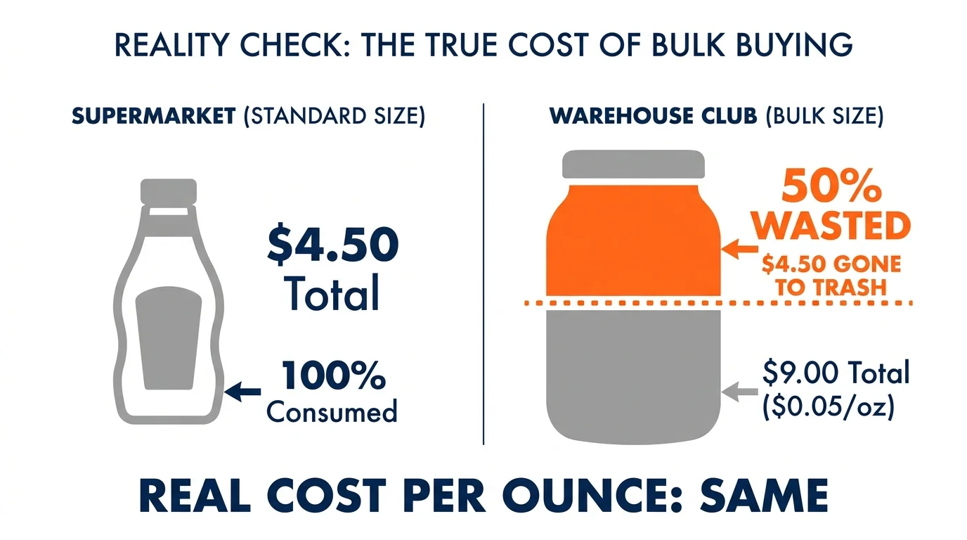 A diagram showing that buying a giant jar for twice the price and wasting half results in the same cost as a small jar.