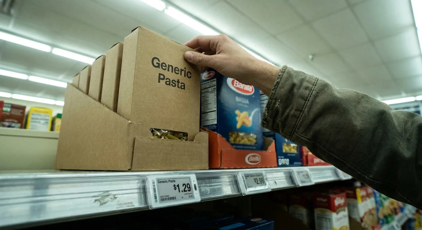 A first-person perspective photo of a hand choosing between two pasta boxes on a grocery shelf, focusing on the price labels.