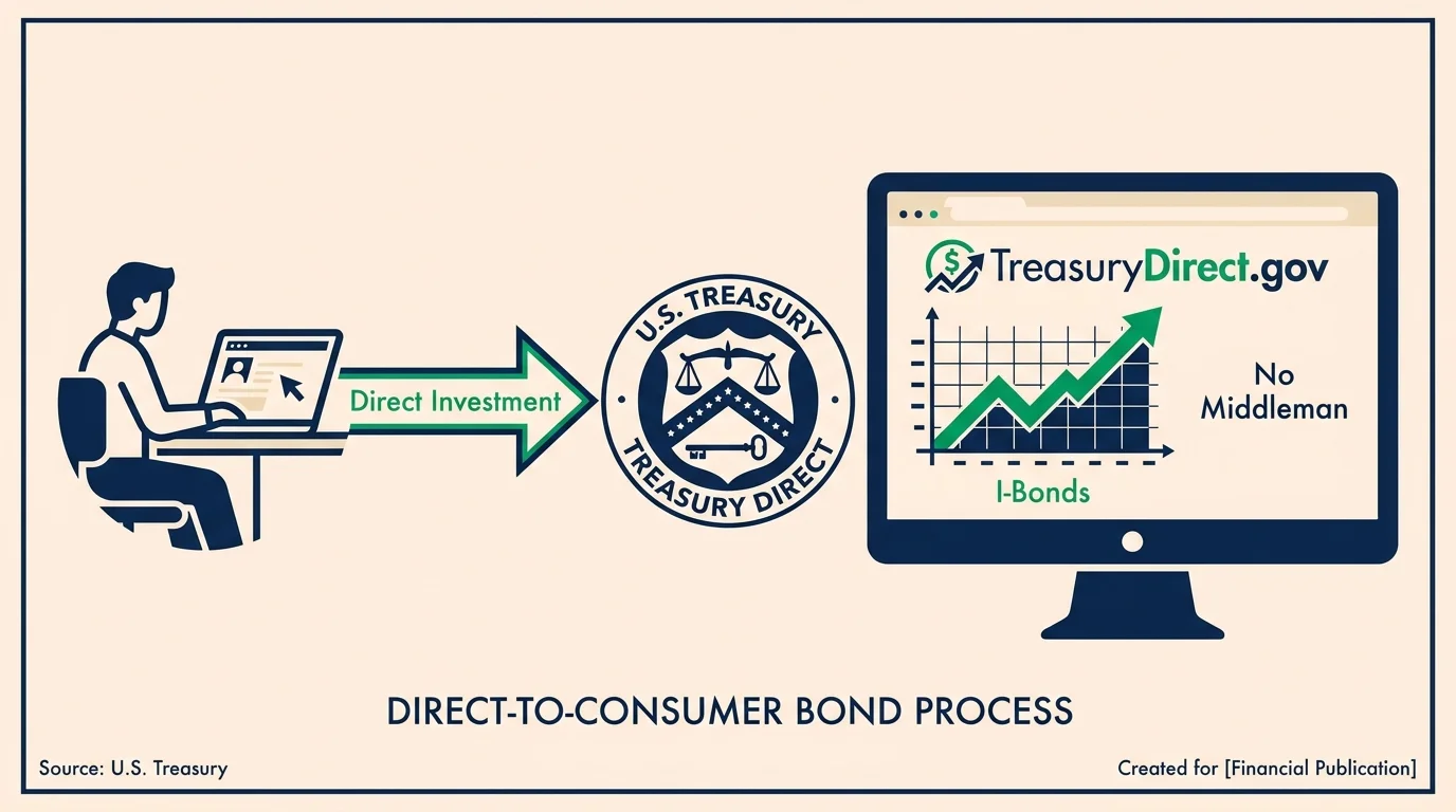 A flowchart showing a person investing directly in government bonds through a computer, bypassing banks.