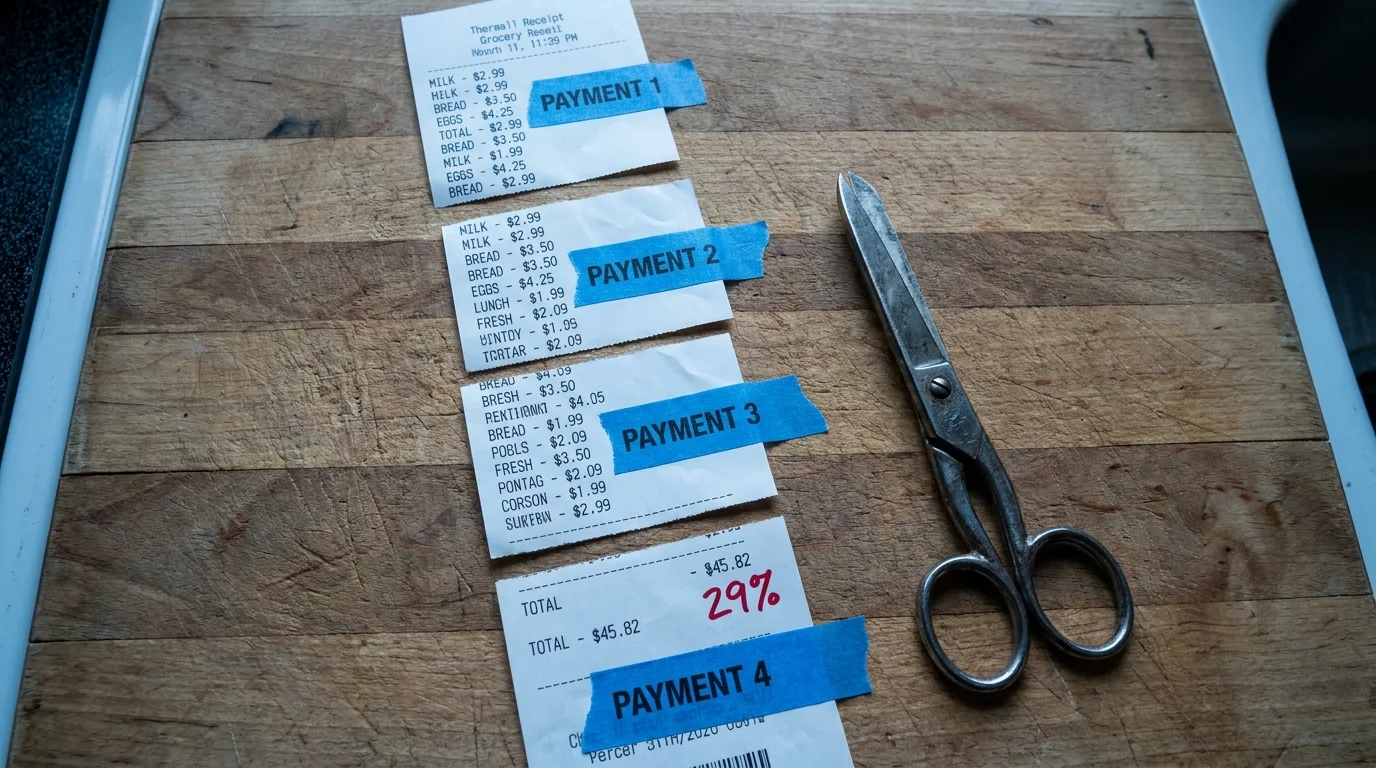 A grocery receipt cut into four parts and taped back together, representing the Buy Now, Pay Later trend for food.