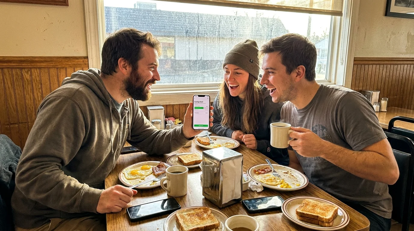 A group of friends at a diner looking at a savings goal on a phone, practicing loud budgeting.