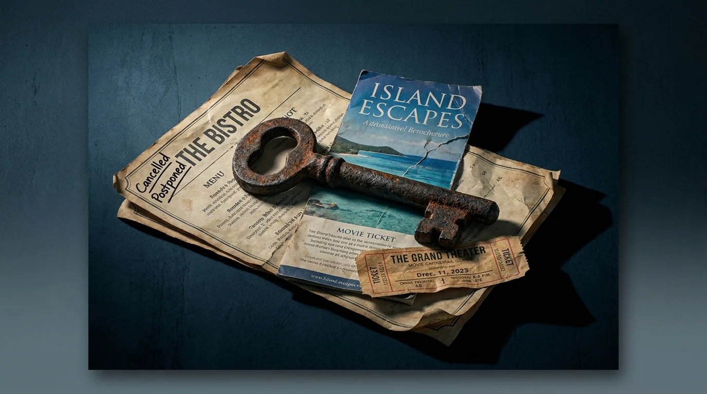 A heavy iron key sitting on top of a menu and travel brochure, symbolizing how housing costs crush other spending.