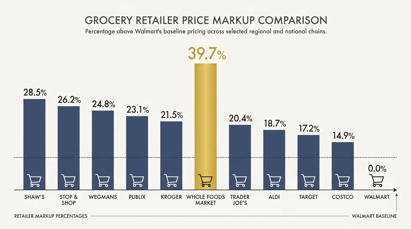 A horizontal bar chart comparing supermarket markups, showing Whole Foods with a 39.7% higher cost compared to the baseline.