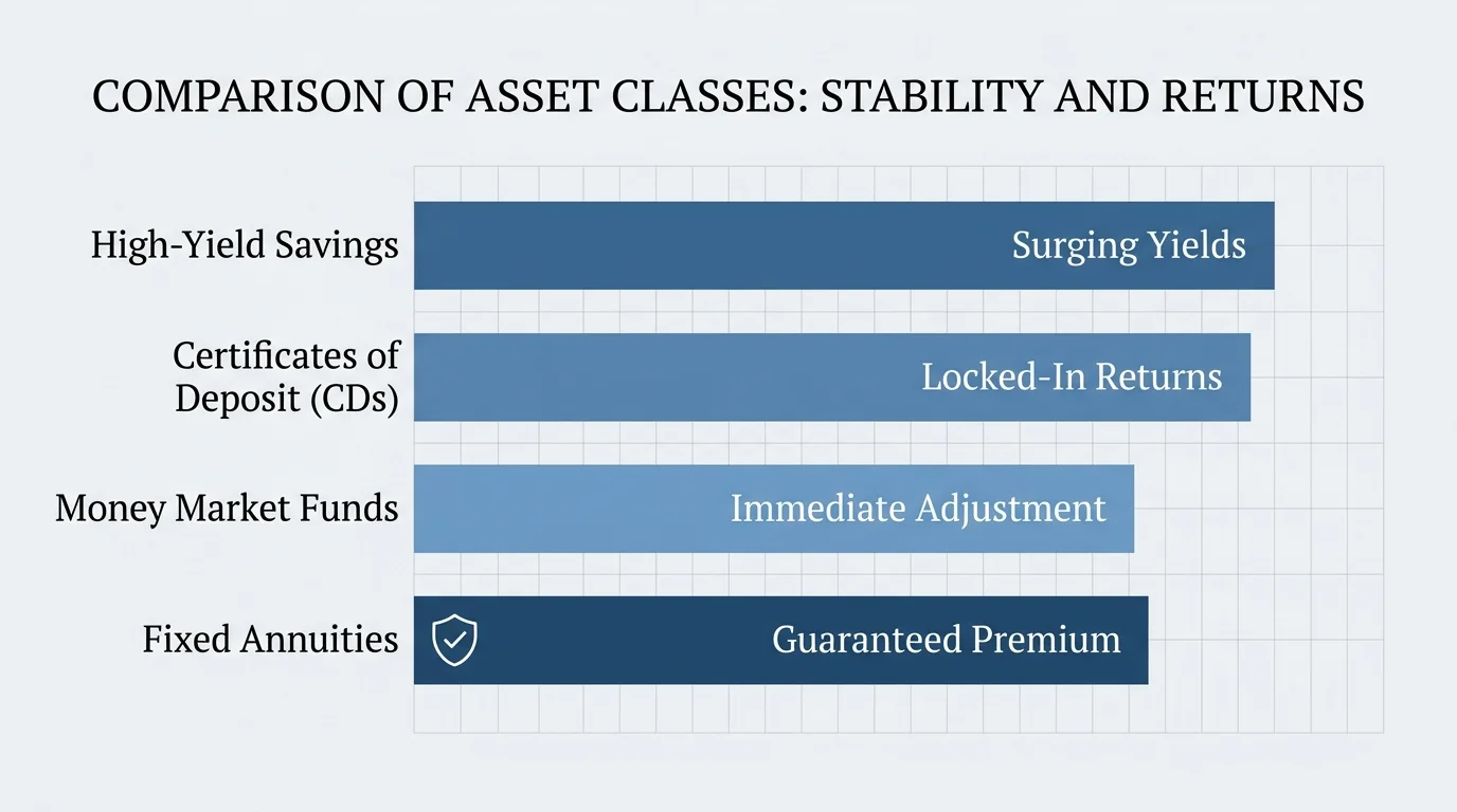 A horizontal bar chart comparing the performance characteristics of savings accounts, CDs, money market funds, and annuities.