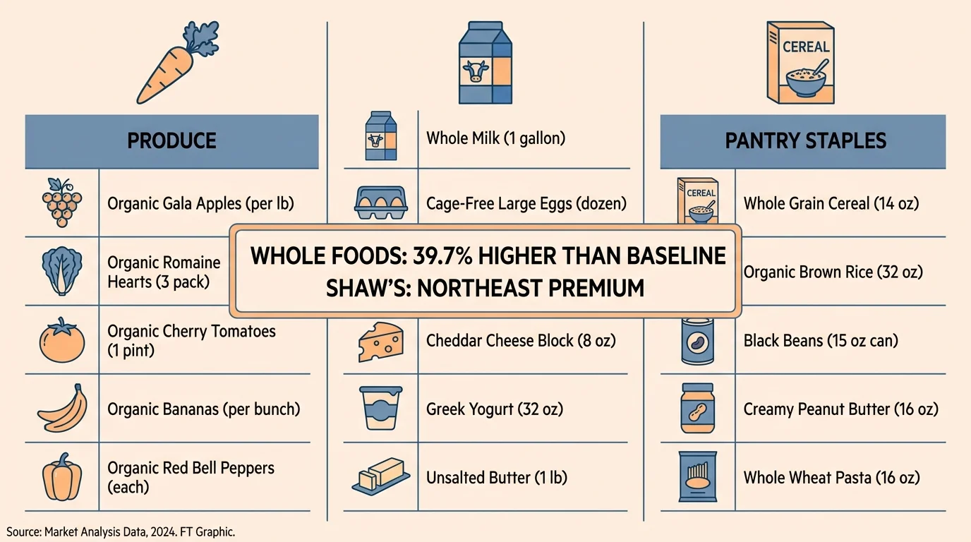 A horizontal comparison grid showing grocery categories and the percentage markups for high-priced supermarket chains.