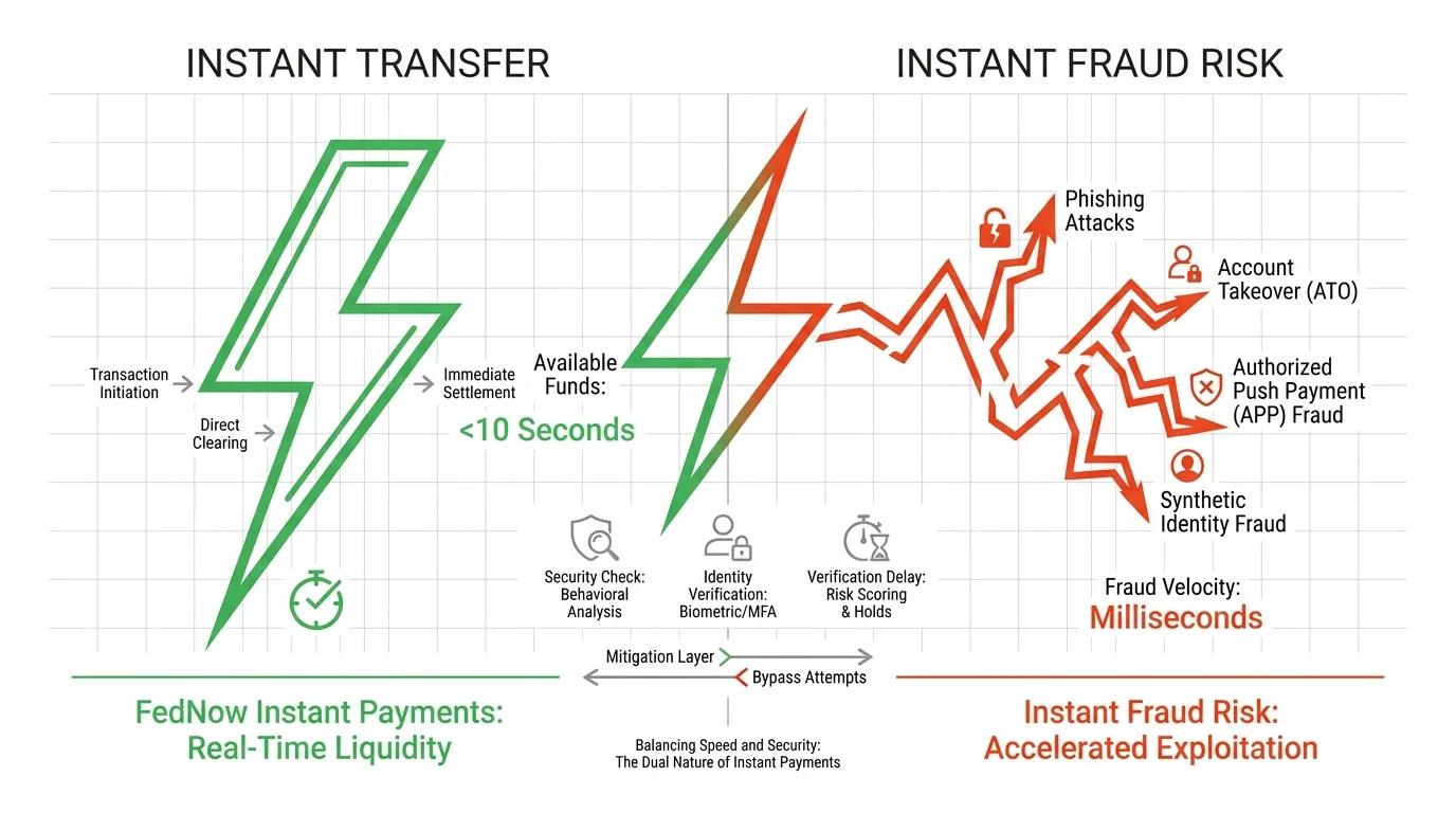 A horizontal diagram showing the connection between FedNow instant payments and increased fraud risks.