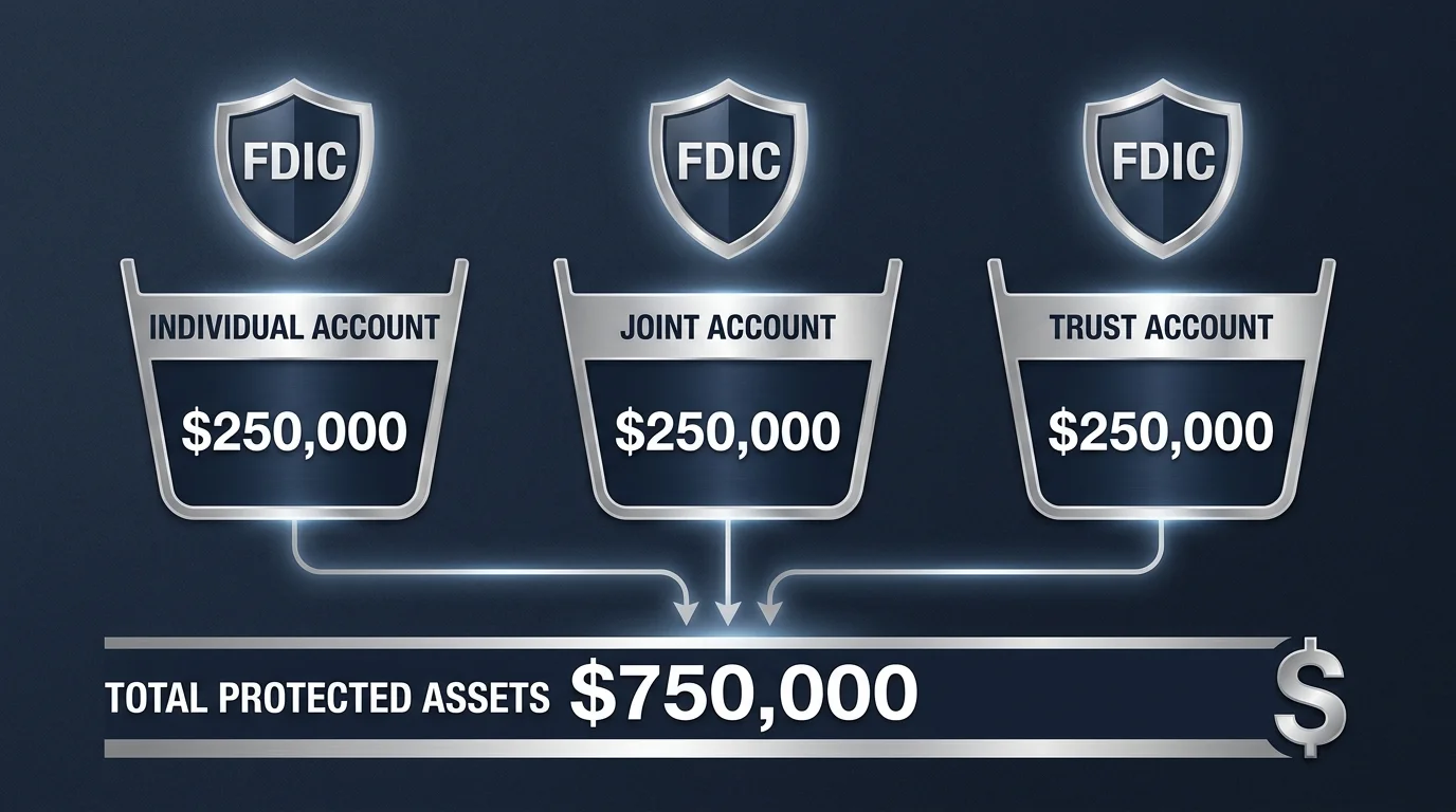 A horizontal financial diagram illustrating how to stack $250,000 FDIC limits across different account types.