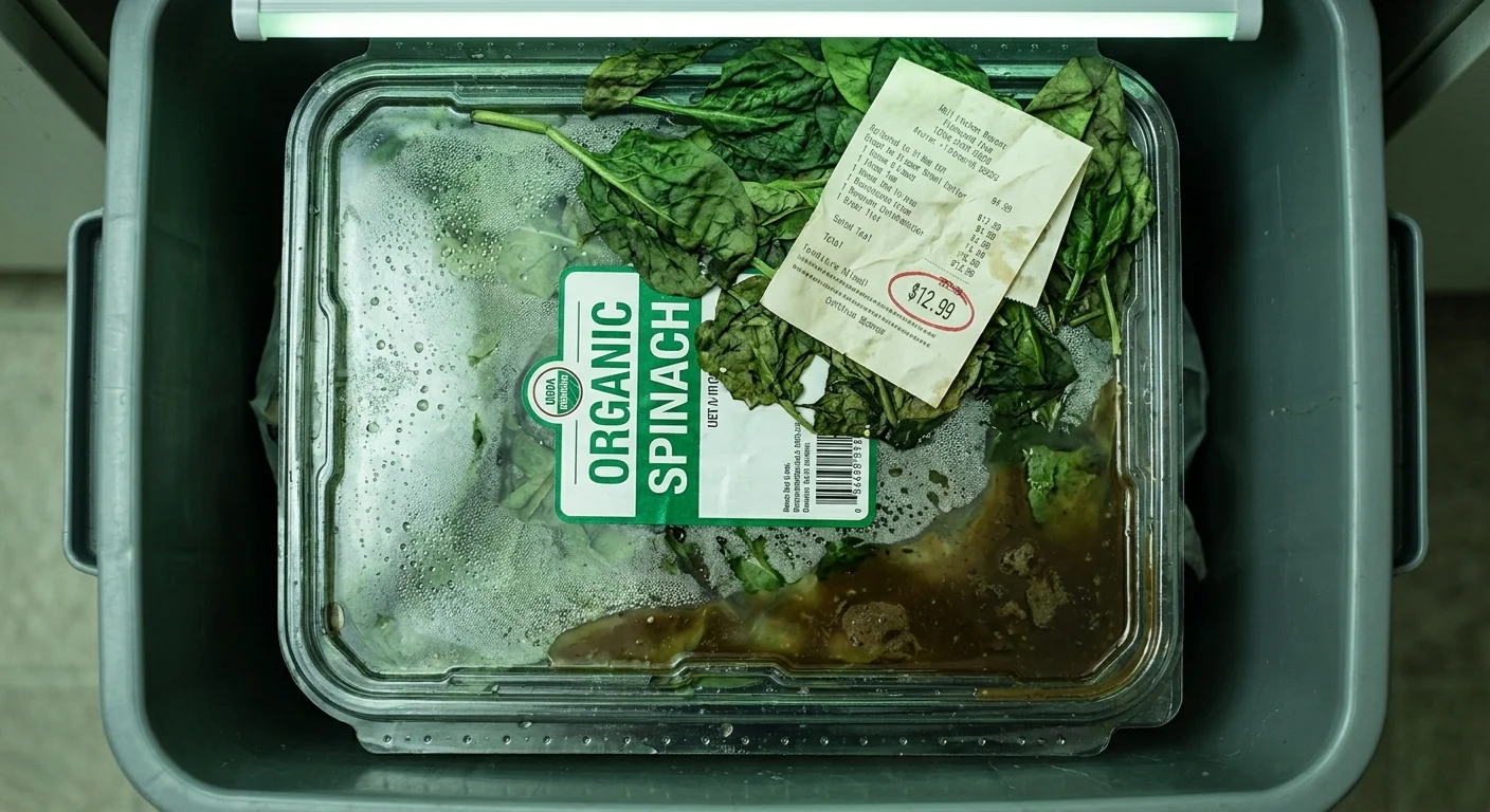 A large container of spinach, half-rotten and slimy, sitting at the top of a kitchen trash can.