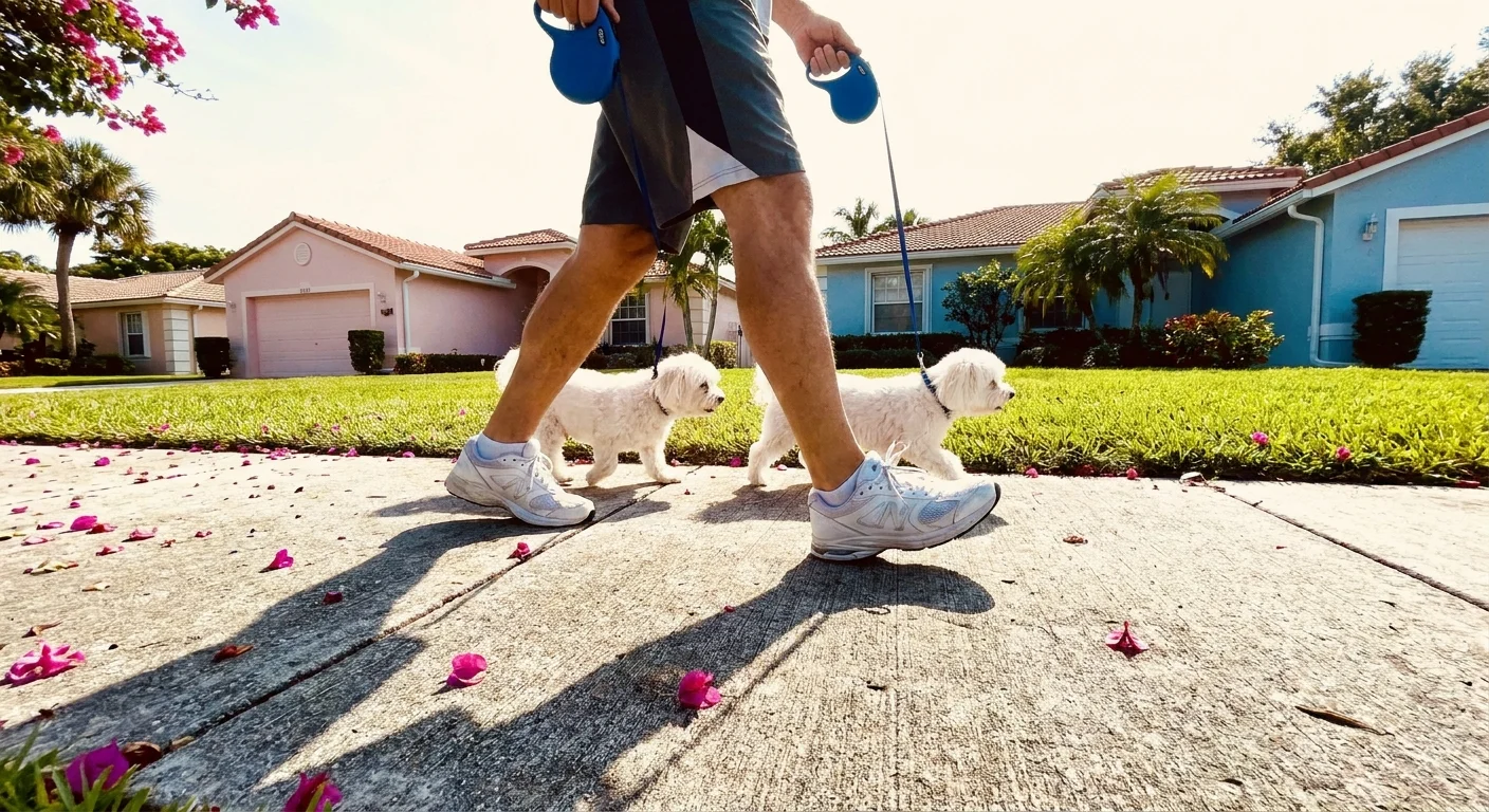 A low-angle photo of a senior man walking two dogs in a sunny Florida neighborhood.