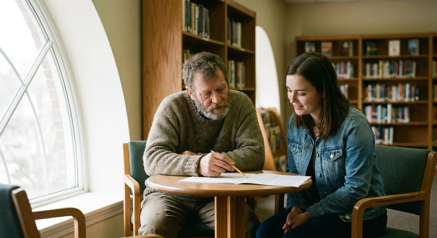 A man and woman reviewing tax documents together in a sunlit library, representing a professional consultation.