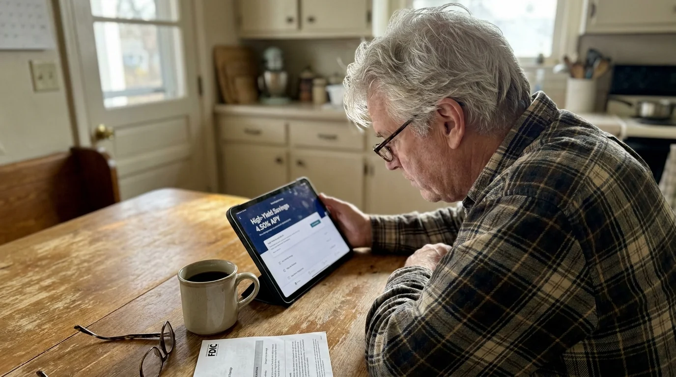 A man at his kitchen table using a tablet to check high-yield savings rates, showing a practical approach to retirement income.