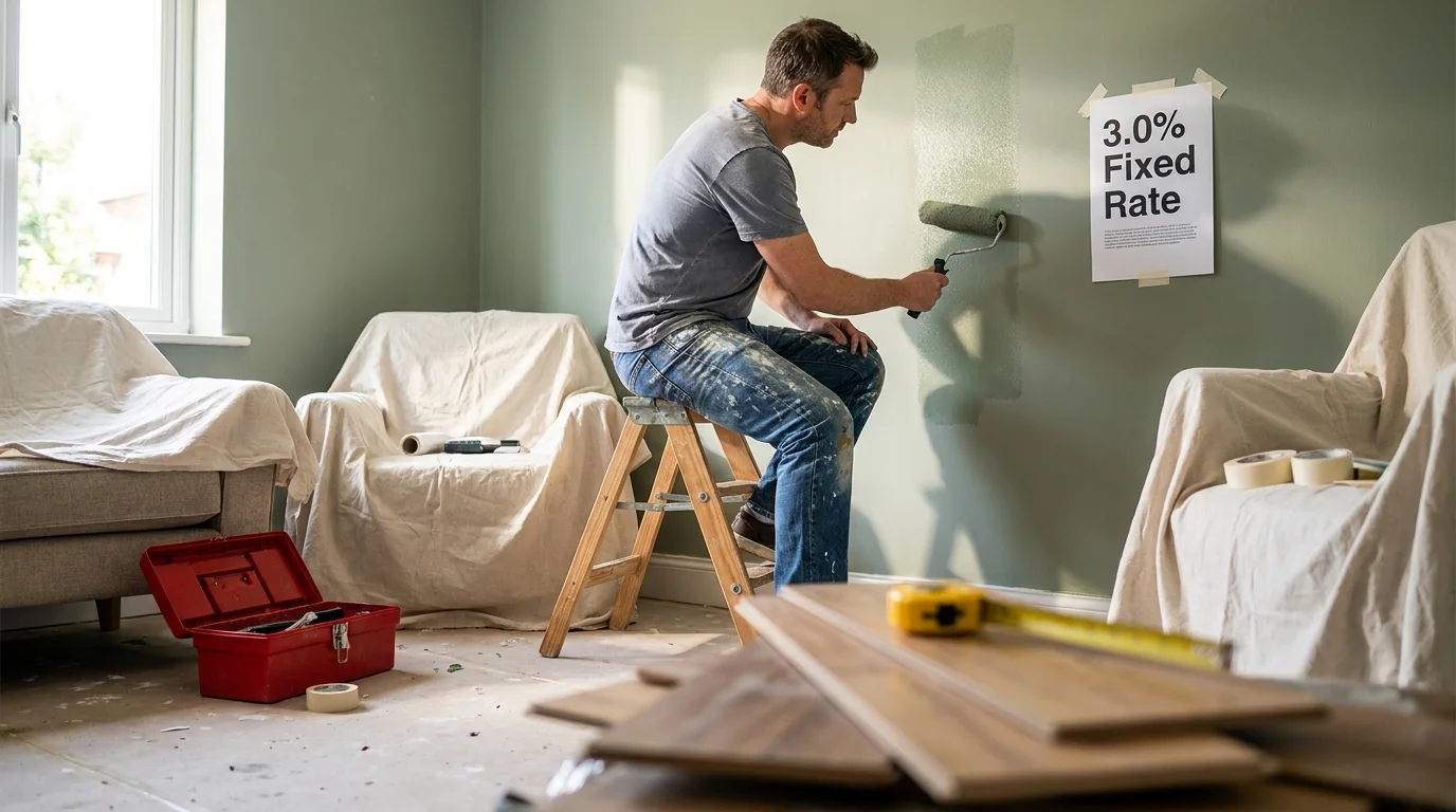 A man painting a room in his house, with a document showing a 3 percent mortgage rate taped to the wall.