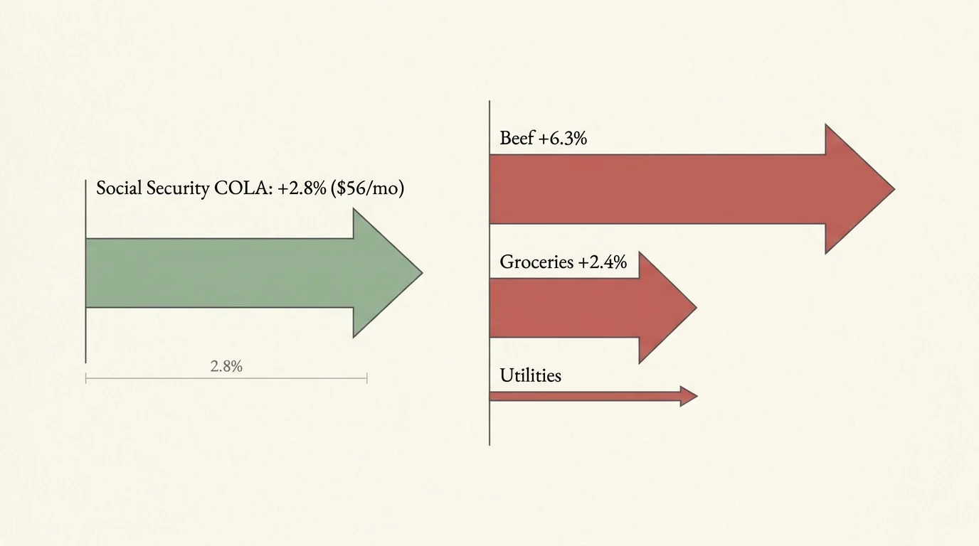 A minimalist diagram comparing the 2.8 percent Social Security COLA increase against various rising grocery costs.