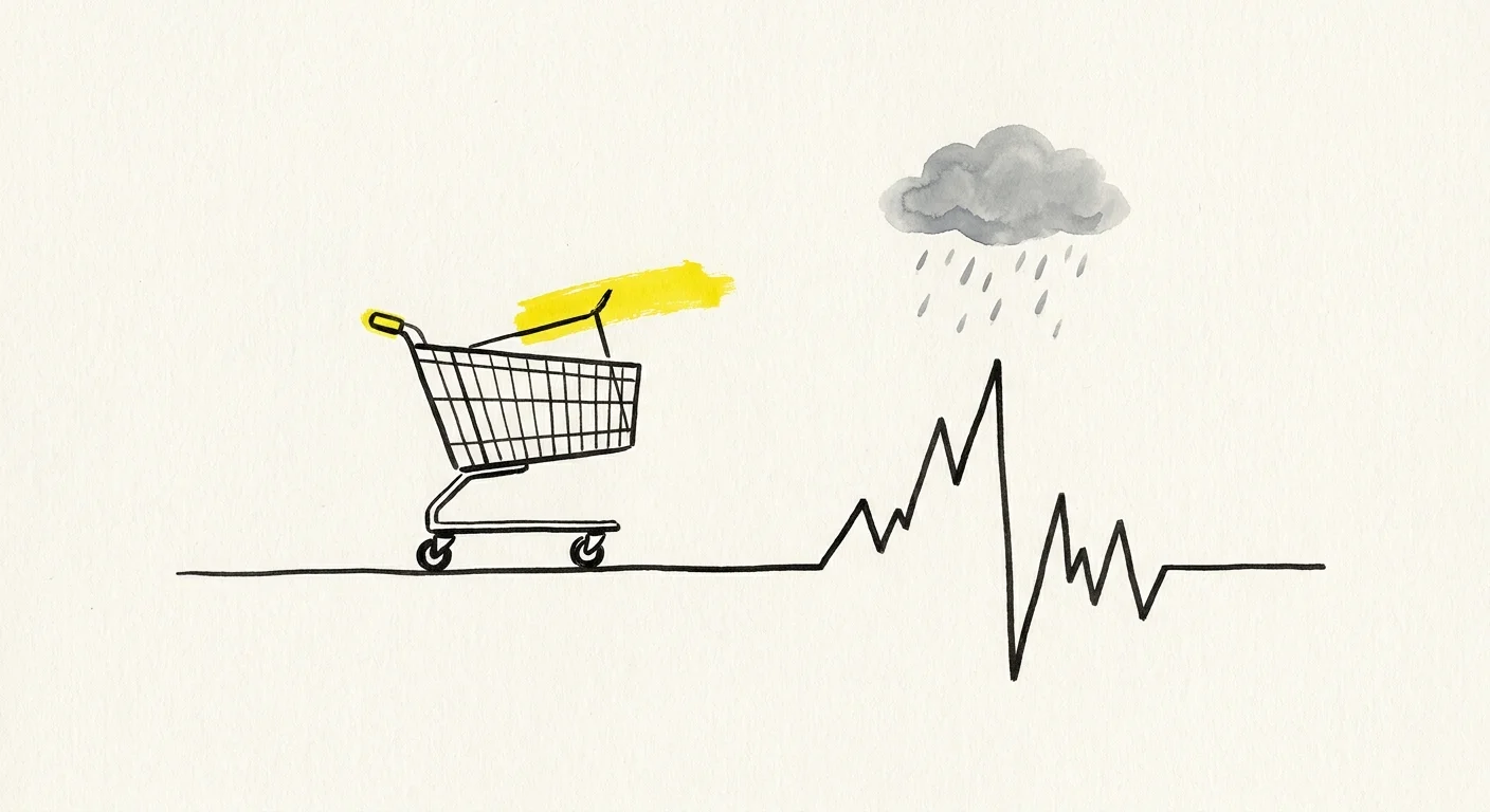A minimalist ink drawing of a grocery cart approaching a jagged, volatile line on a white background.