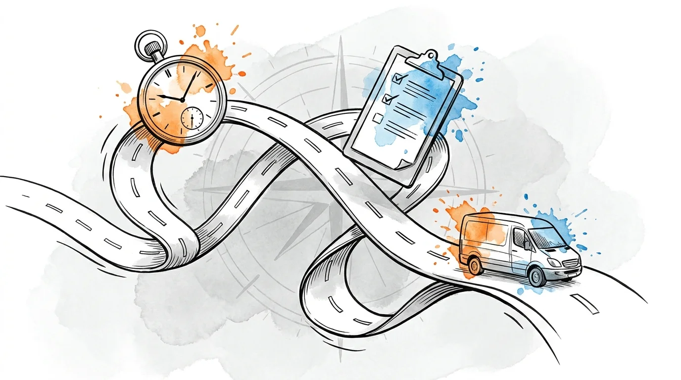 A minimalist ink illustration of a road with icons representing time, organization, and transportation logistics.