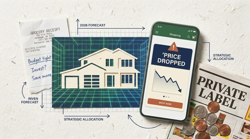 A mixed-media collage featuring a paper house, a smartphone with a price alert, and a grocery receipt, symbolizing 2026 spending habits.