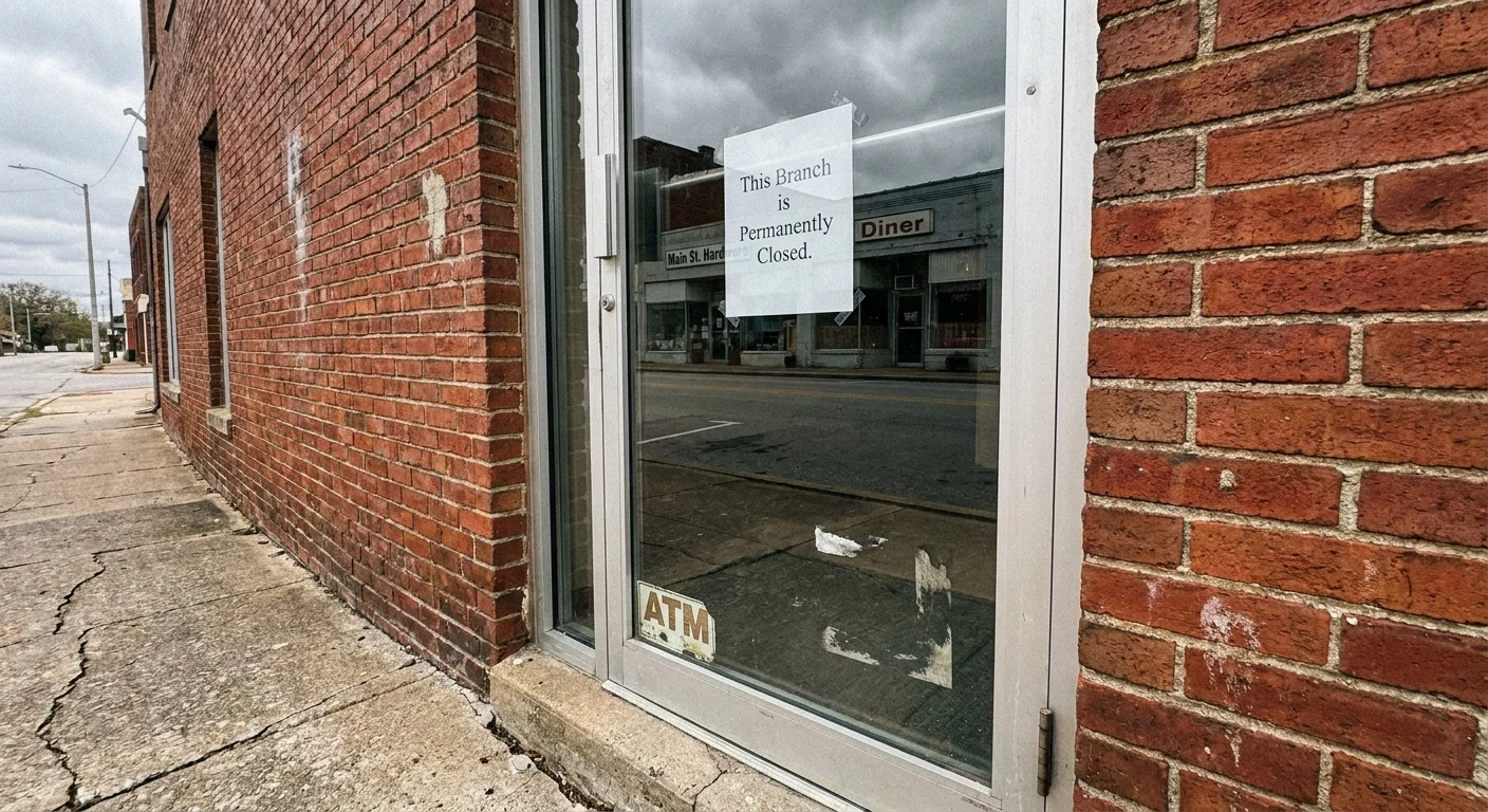 A 'Permanently Closed' sign on the glass door of a brick bank branch on a quiet small-town street.